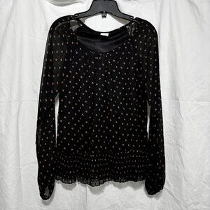 Small Vero Moda Black Coffee Bean  Patterned Sheer Long Sleeve Smocked Blouse